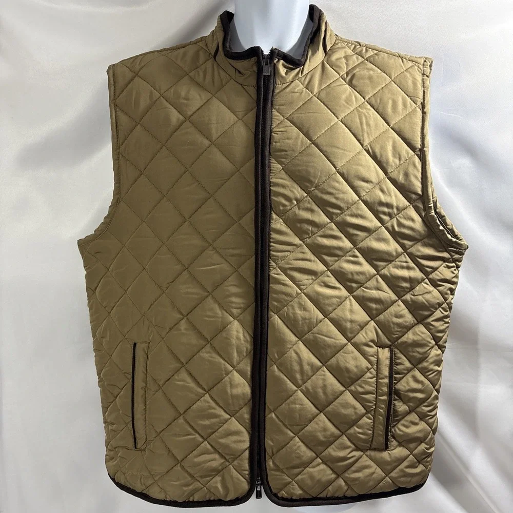 Tahari Men XXL Khaki Tan Diamond Quilted Fleece Lined Full Zip Vest Jacket 2XL
